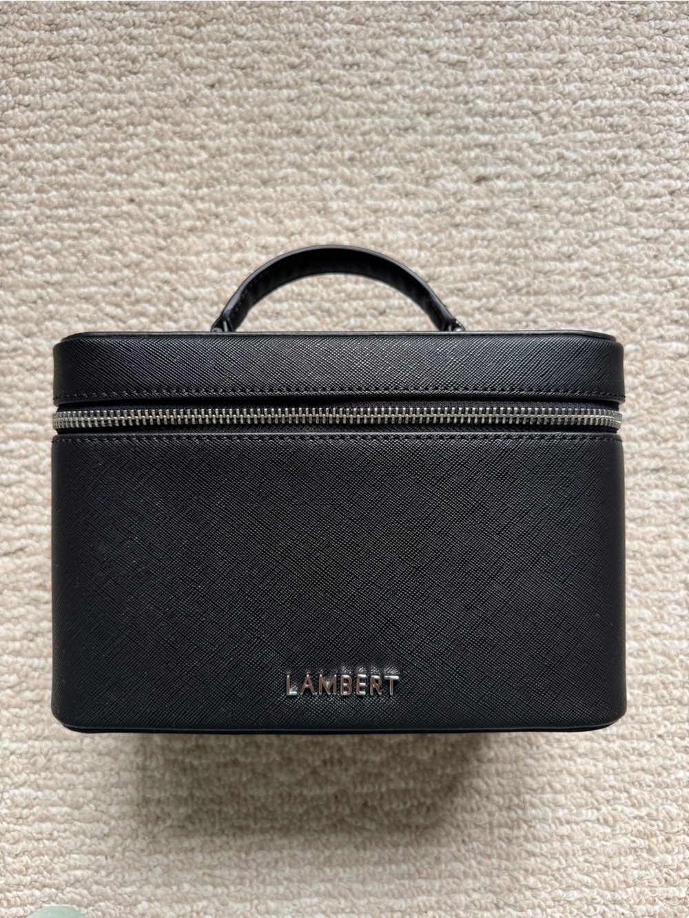 LAMBERT Black Structured Cosmetic Toiletry Case with Top Handle, Removable Strap